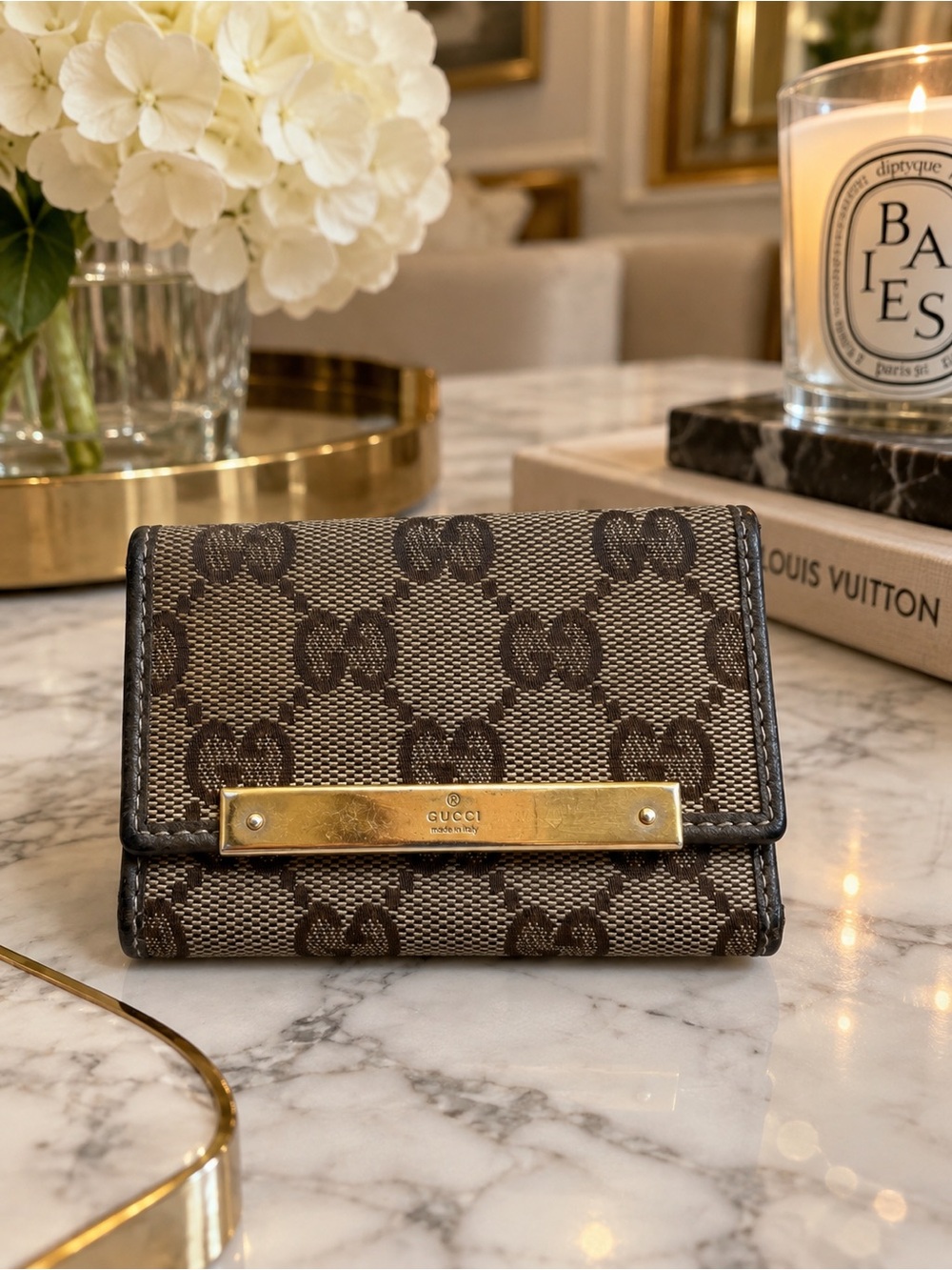 Gucci GG Monogram Canvas 6-Key Holder Case Gold Hardware